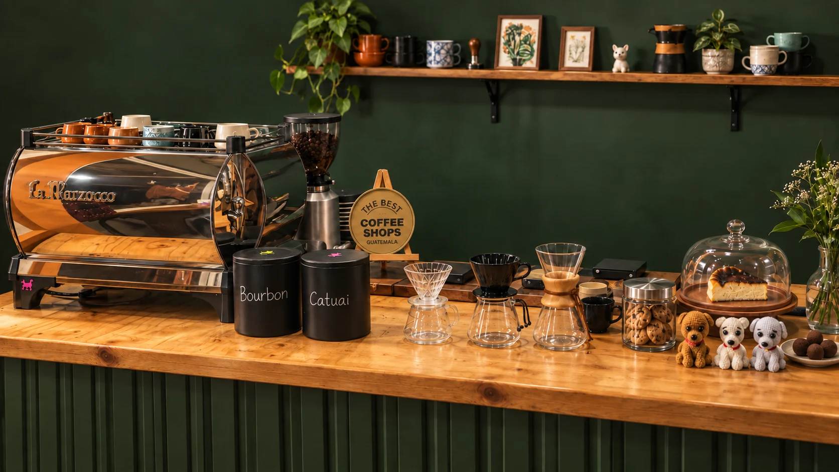 A composition of Chucho Perdido's coffee bar with espresso equipment, brewers, whole-bean coffee and desserts.